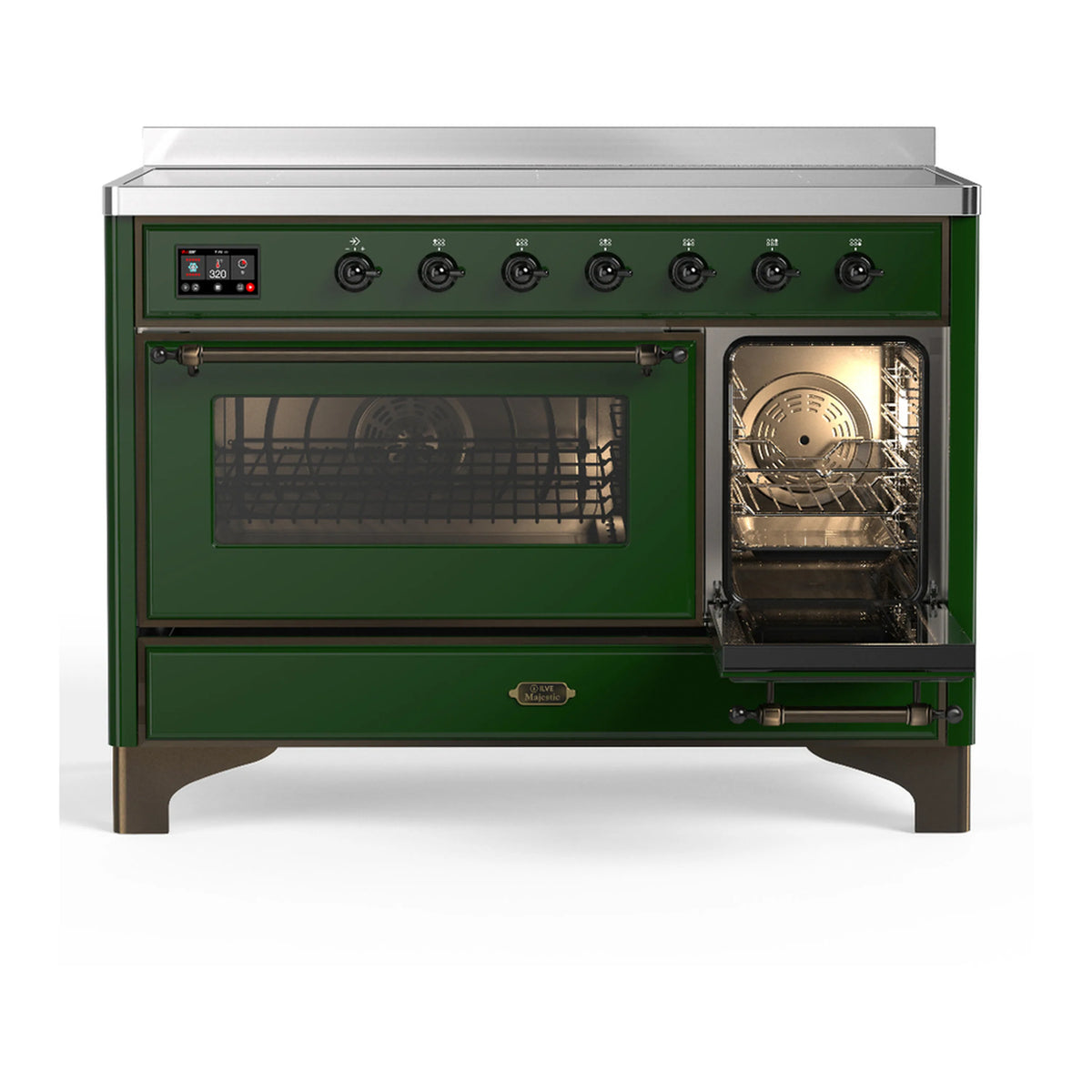 Emerald green induction range with one oven door open and lit interior