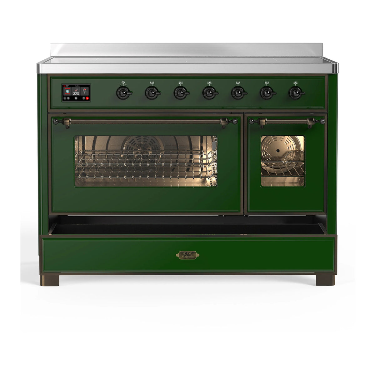 Emerald green induction range with both oven door windows lit