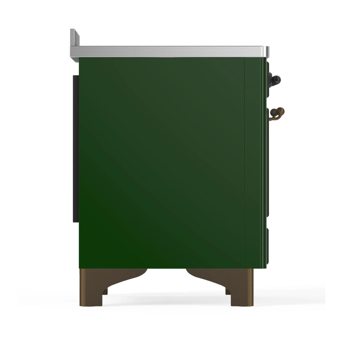 Emerald green range back panel with metal trim and corner hardware