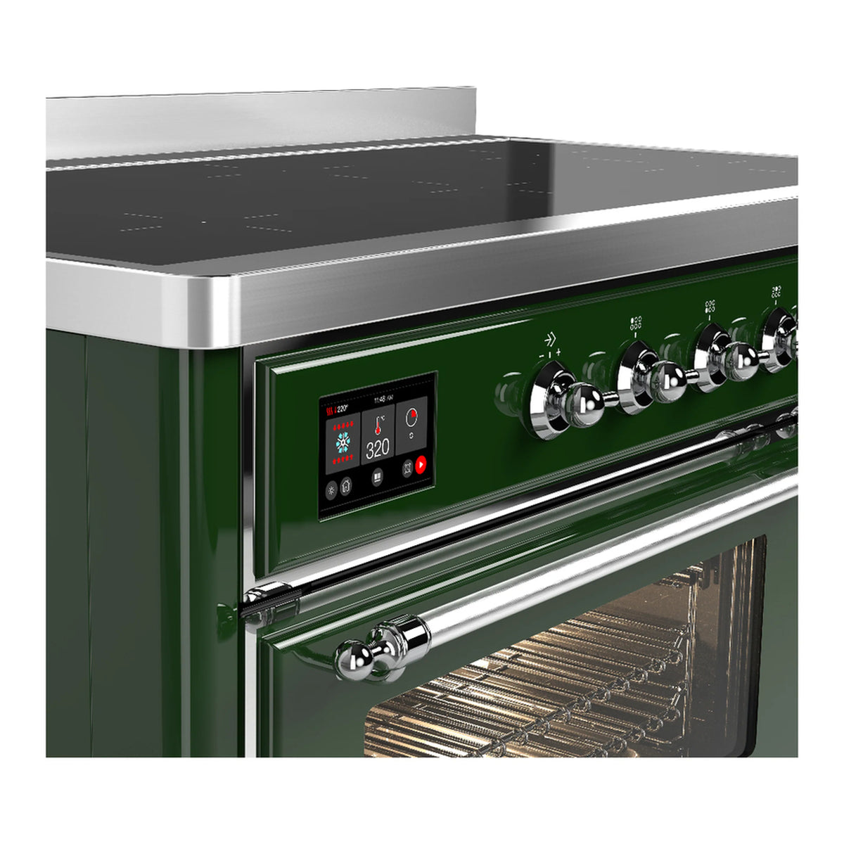 Emerald induction range control panel with knobs and digital display; oven door and rack