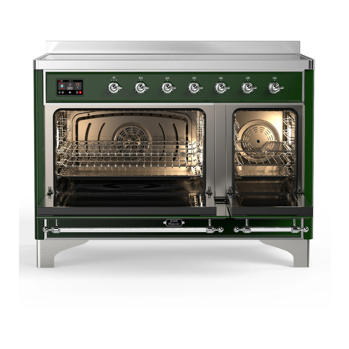 Emerald green induction range with oven door glass open, showing wire racks and convection fan