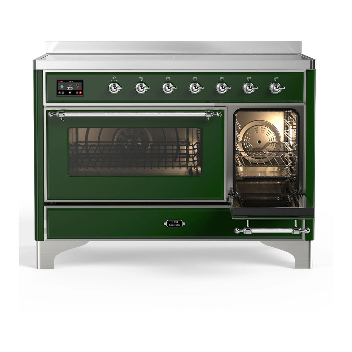 Emerald induction range with chrome handles; main oven and smaller oven doors open