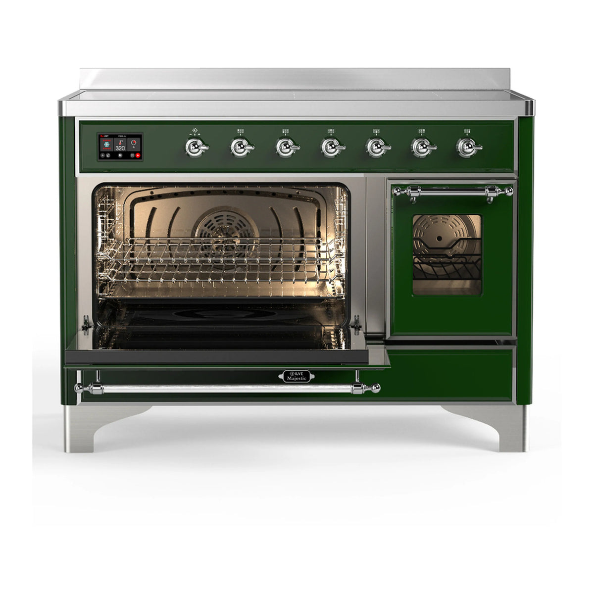 Emerald green induction range with both oven compartments open, wire racks and interior lighting