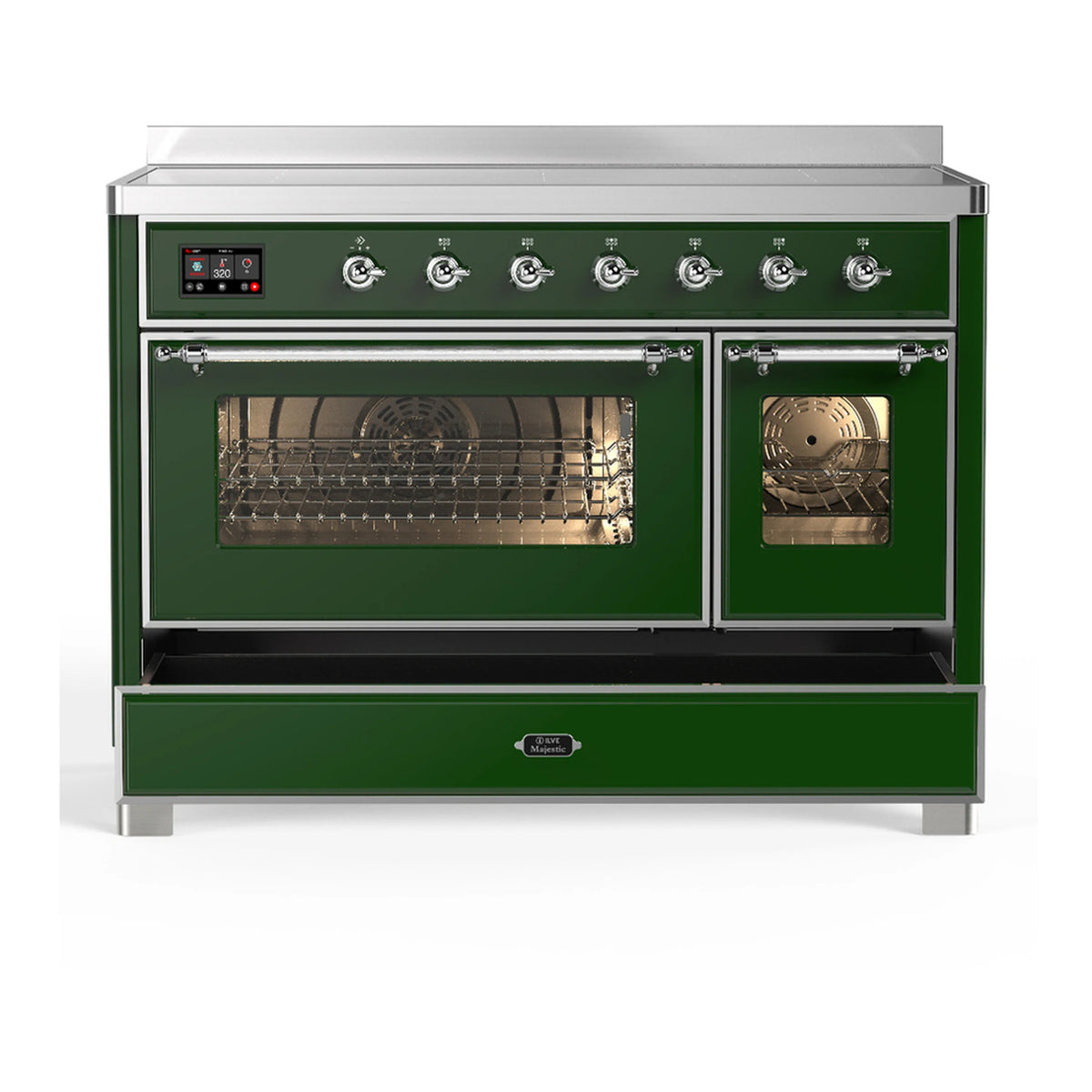 Emerald induction range with cooktop controls and two oven doors closed with glass panels
