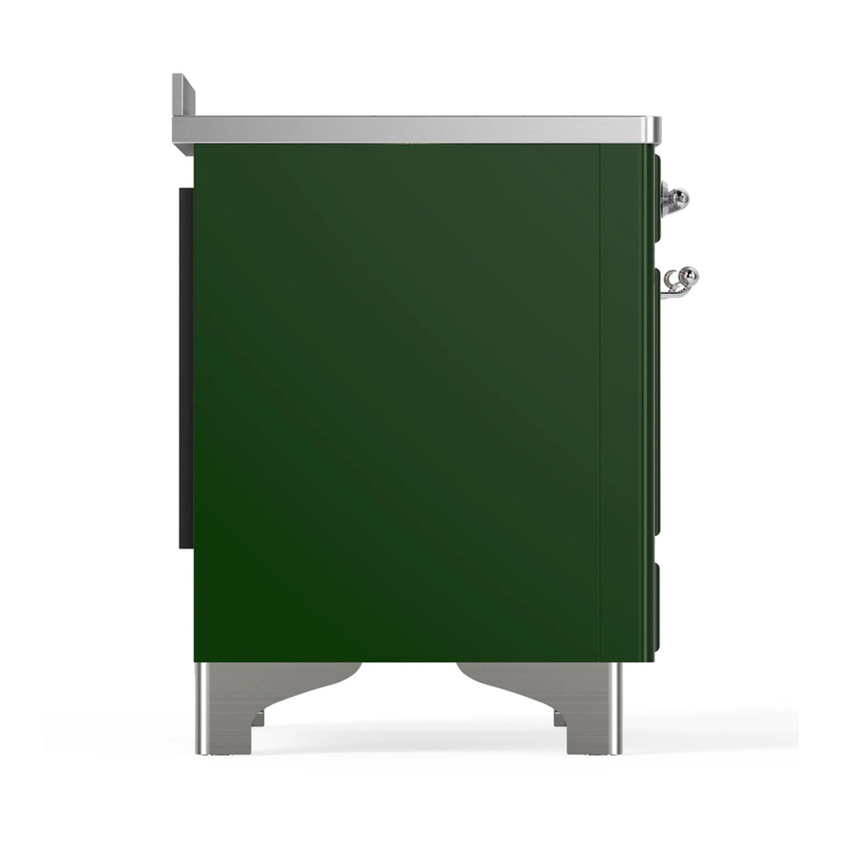 Emerald green induction range rear side view with stainless top and chrome corner hardware