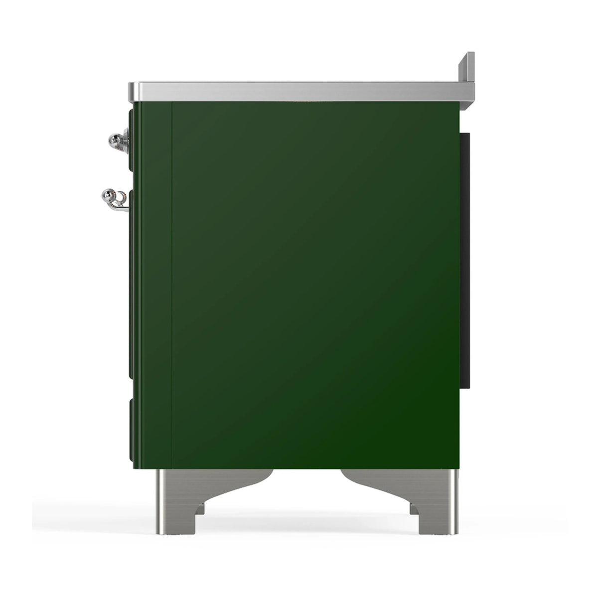 Emerald green induction range side view with stainless trim and chrome side handles