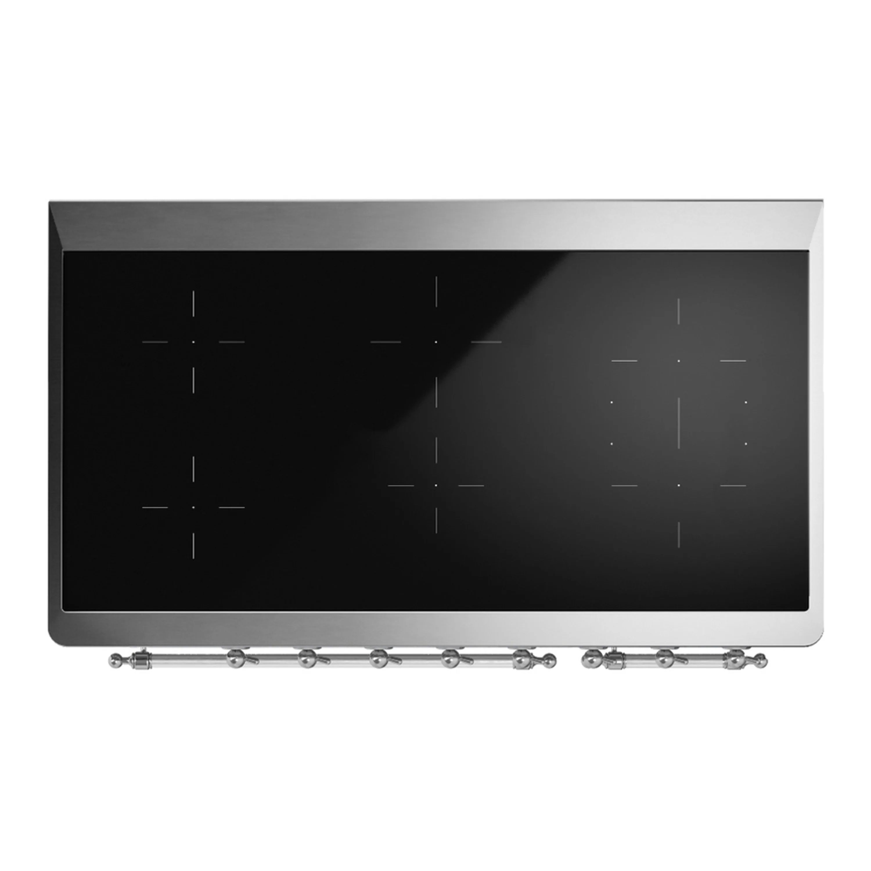 Black glass induction cooktop on emerald induction range with control knobs along front