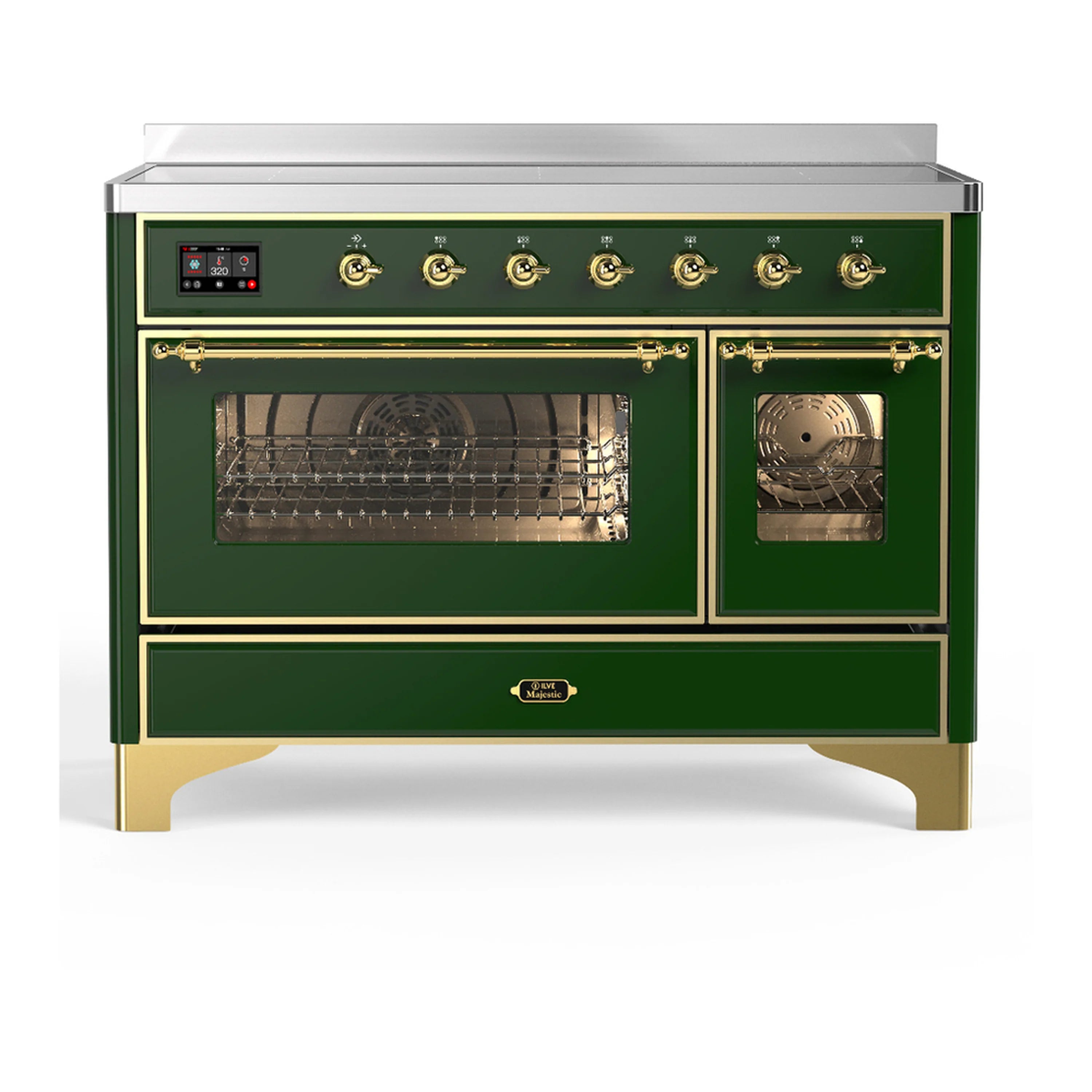 Emerald green induction range with brass trim, two oven doors with windows and control panel