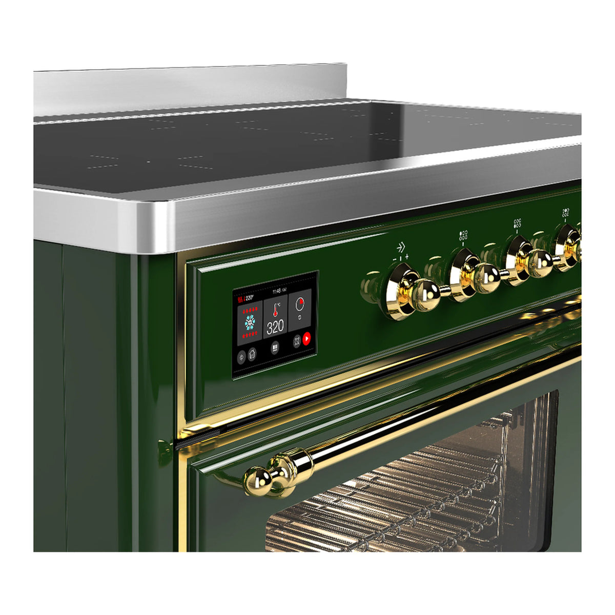 Emerald green induction range side view with brass knobs and lit control display