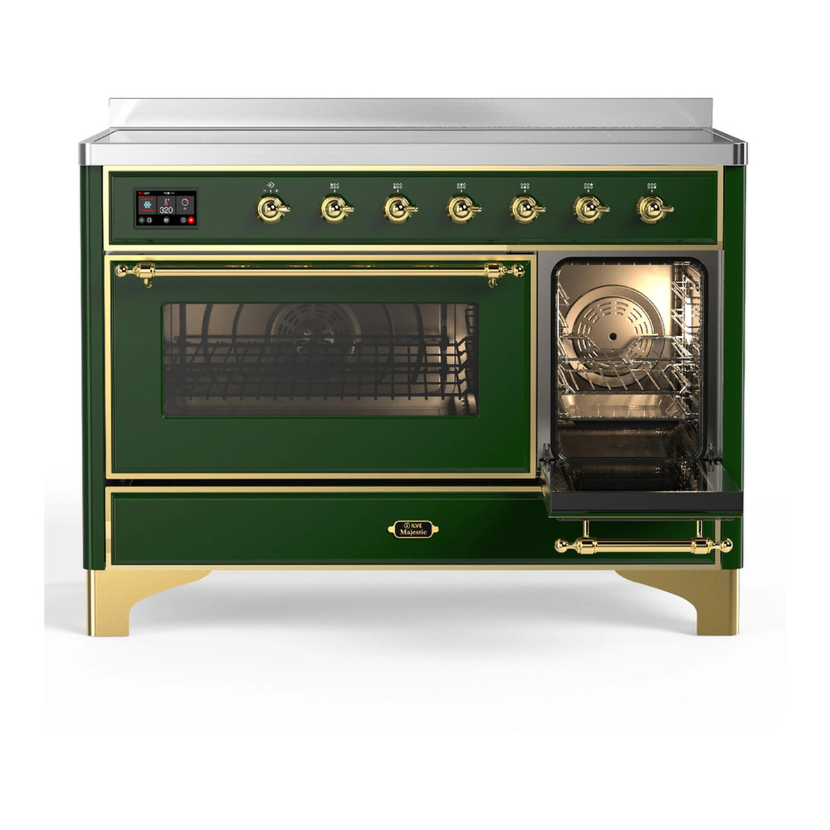 Emerald green induction range with brass trim, left oven door open and right door glass