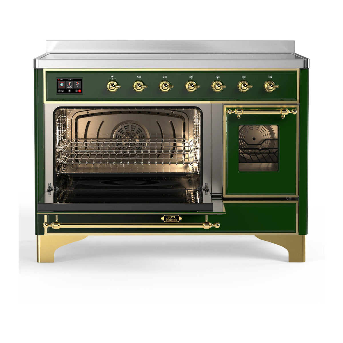 Emerald green induction range with brass trim, both oven doors open and interior visible