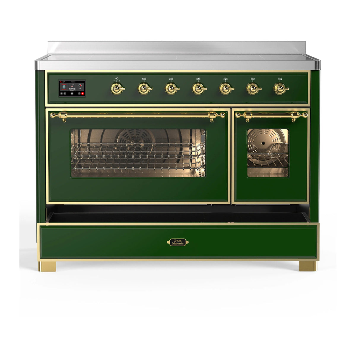 Emerald green induction range front view with brass trim, oven window and closed doors