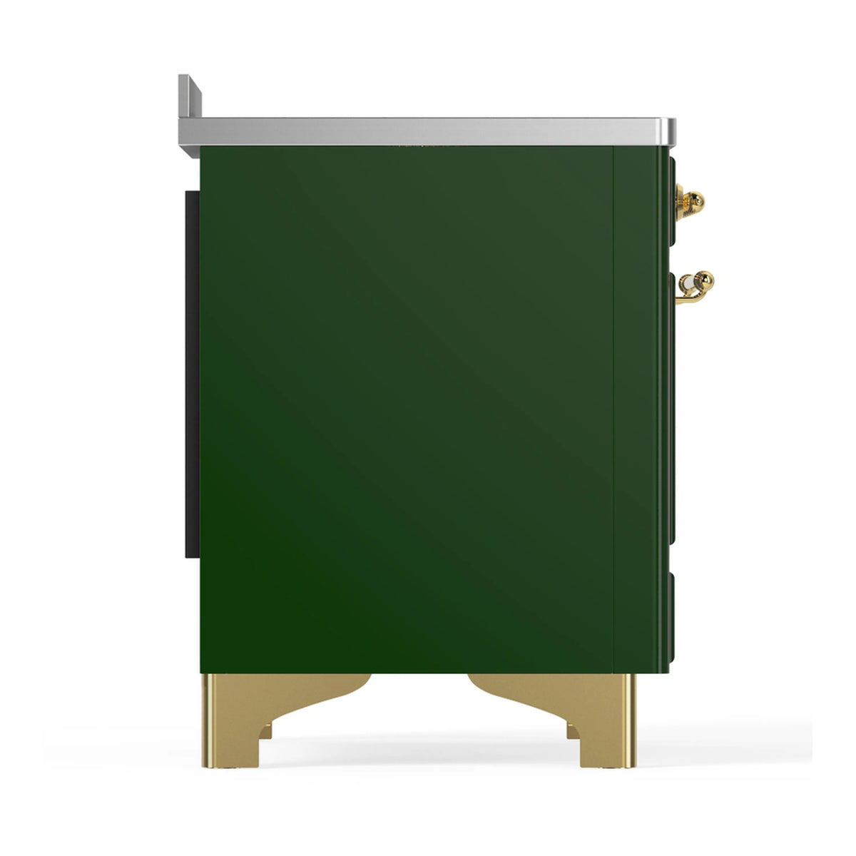 Emerald green induction range side panel with brass corner trim and rear vent
