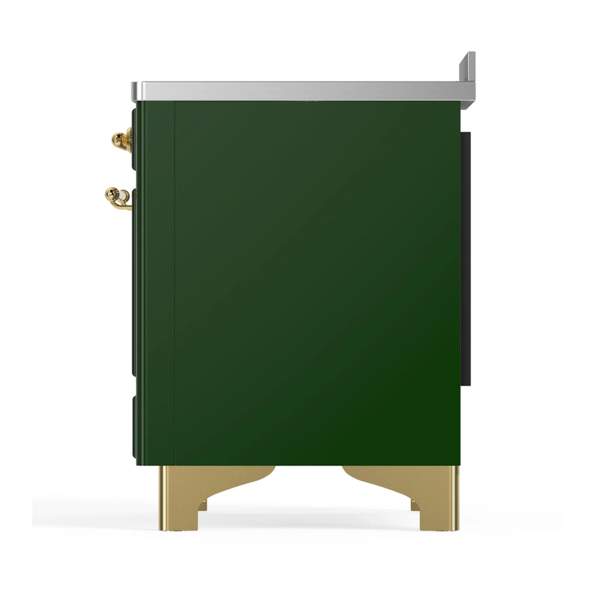 Emerald green induction range side panel with brass trim base feet