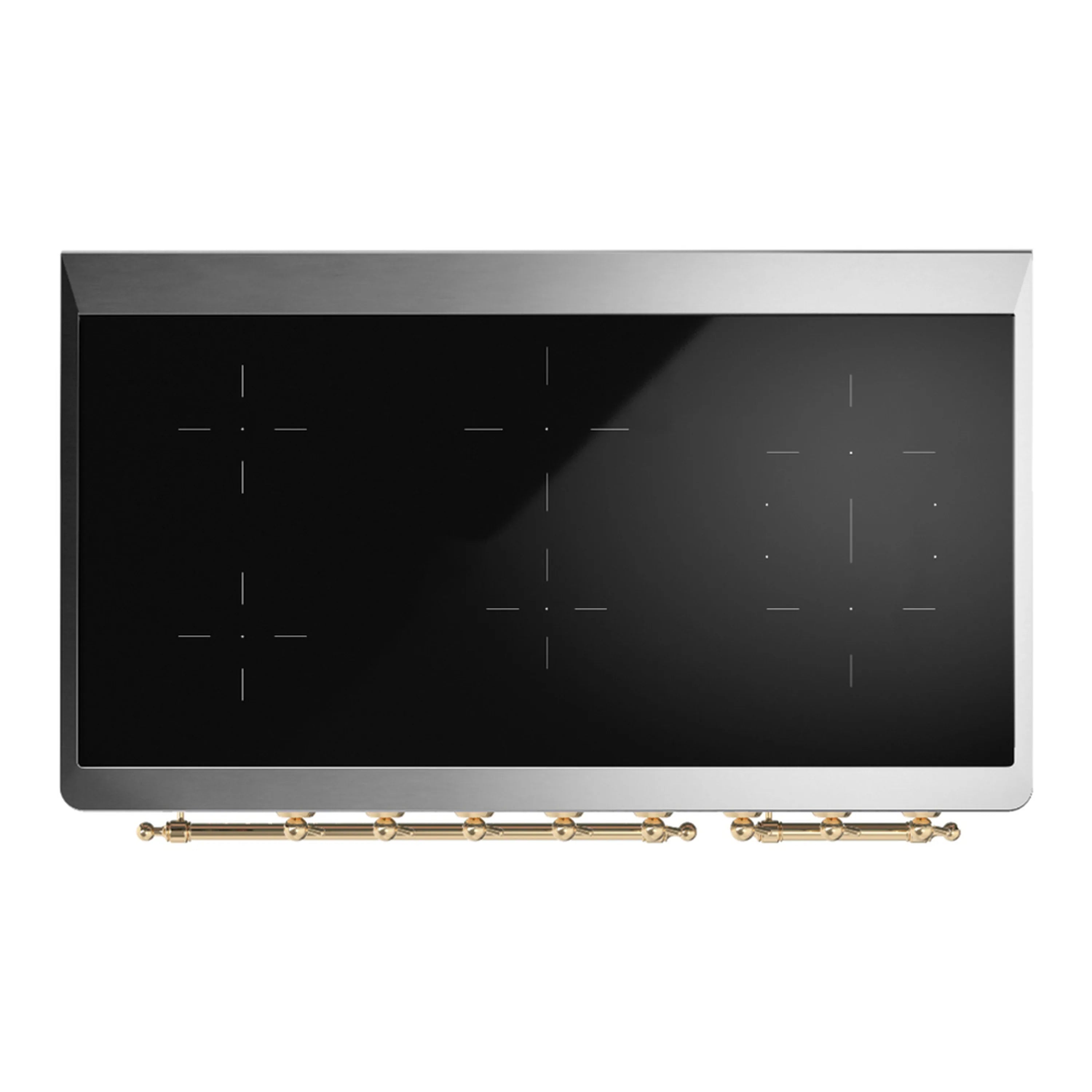 Induction cooktop glass panel with minimal control markings and brass trim knobs