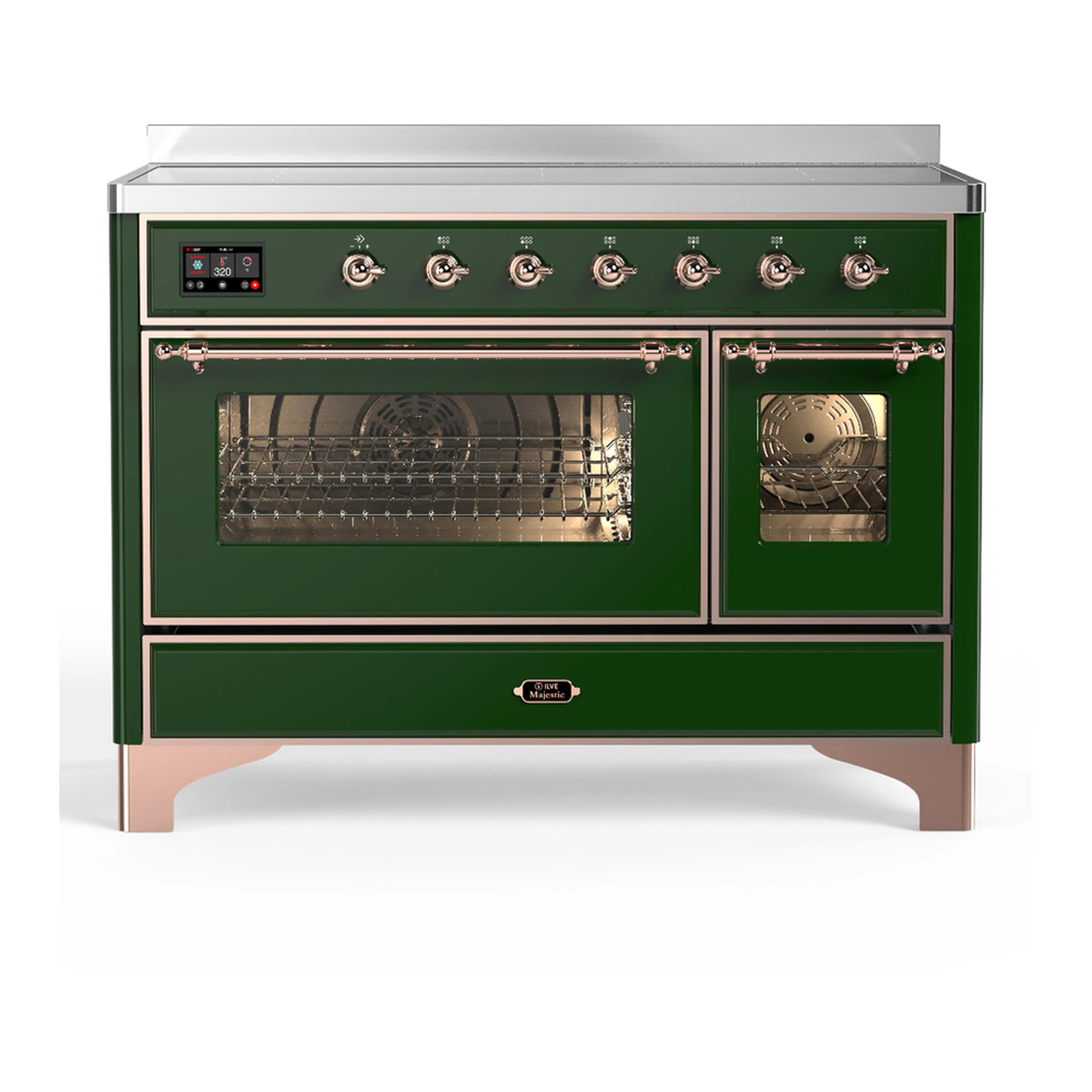 Emerald green induction range with copper trim, two oven doors and triple glass window