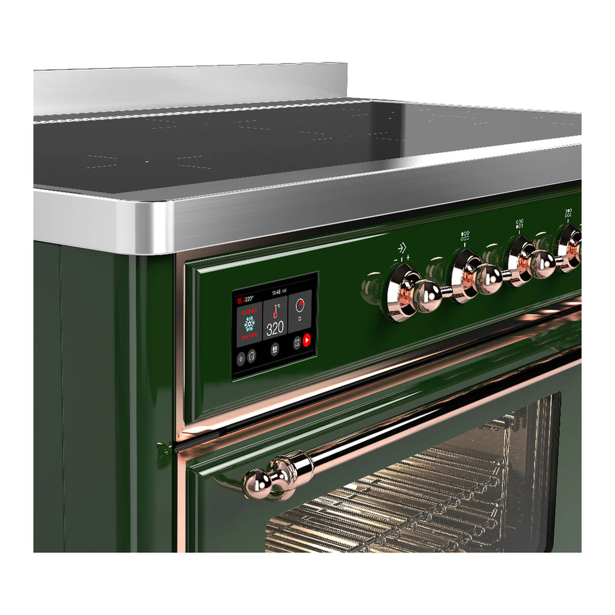 Emerald green induction range control panel with copper knobs and digital display