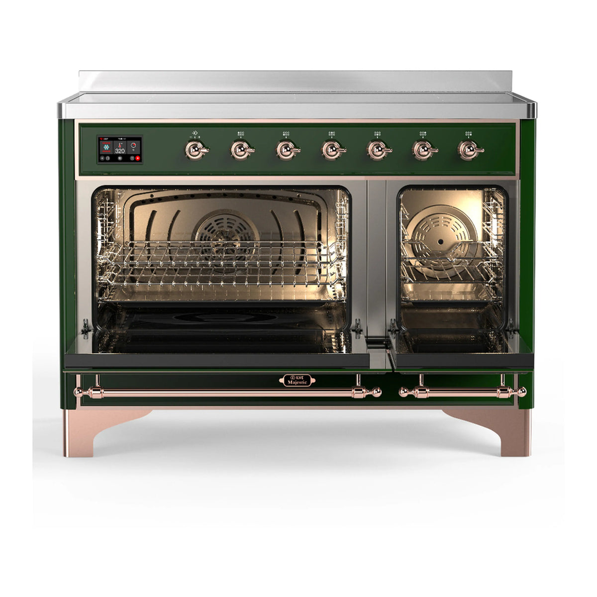Emerald green induction range with oven doors open, rack and fan visible through glass