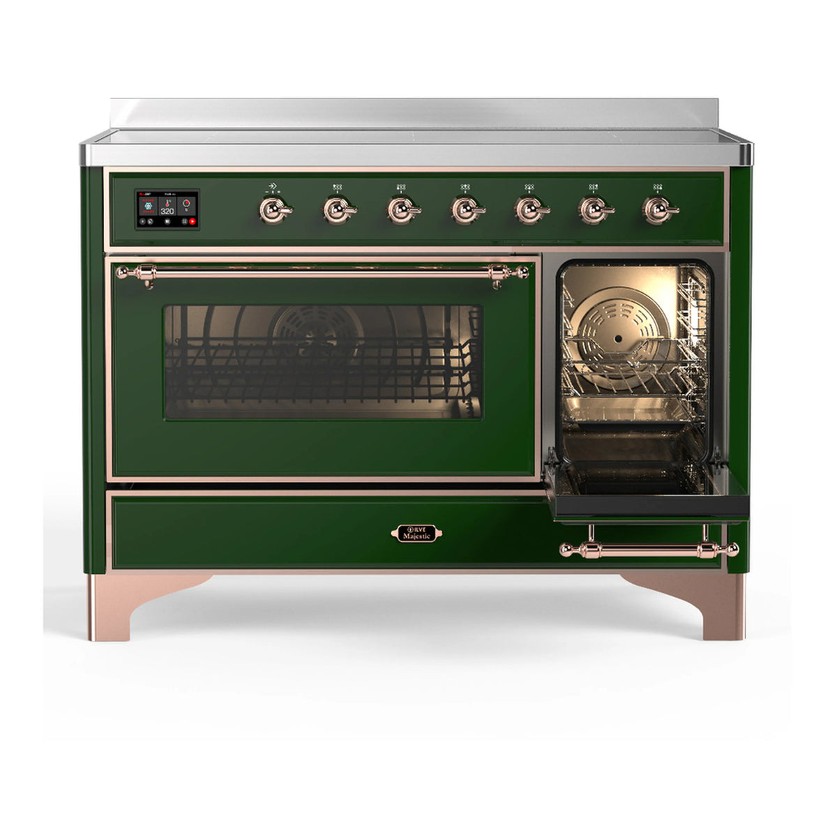 Emerald green induction range with one oven door open and copper trim details