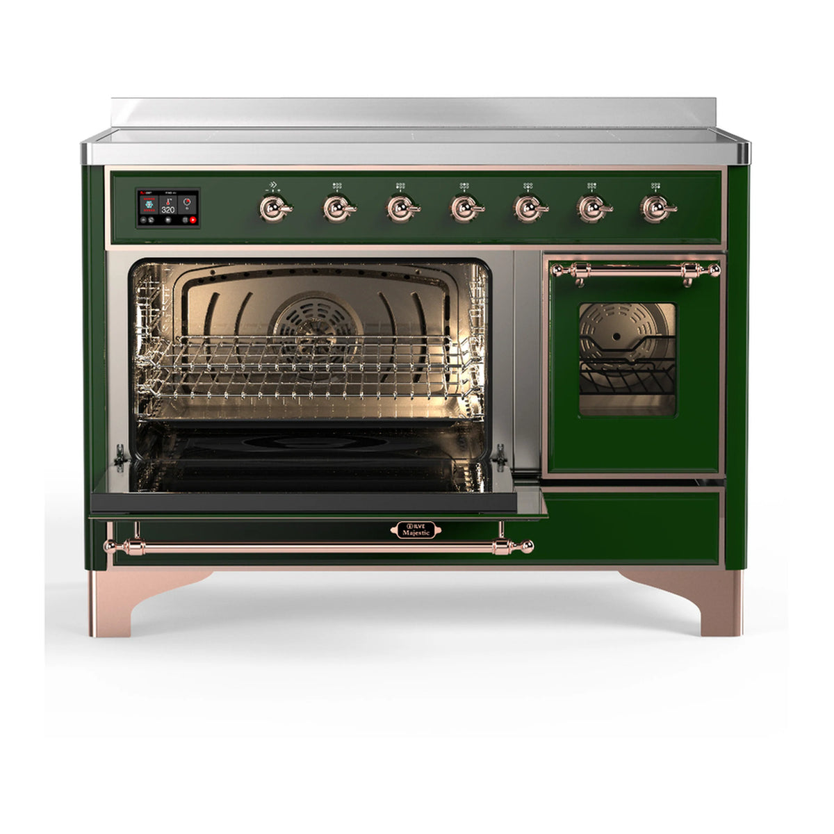 Emerald green induction range with both oven compartments open and interior lighting