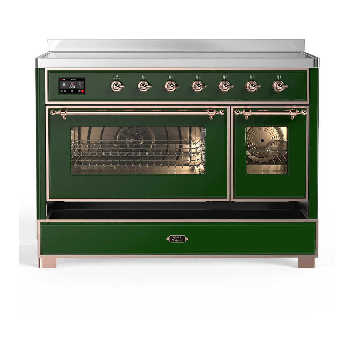 Emerald green induction range with oven doors open; fan and racks visible