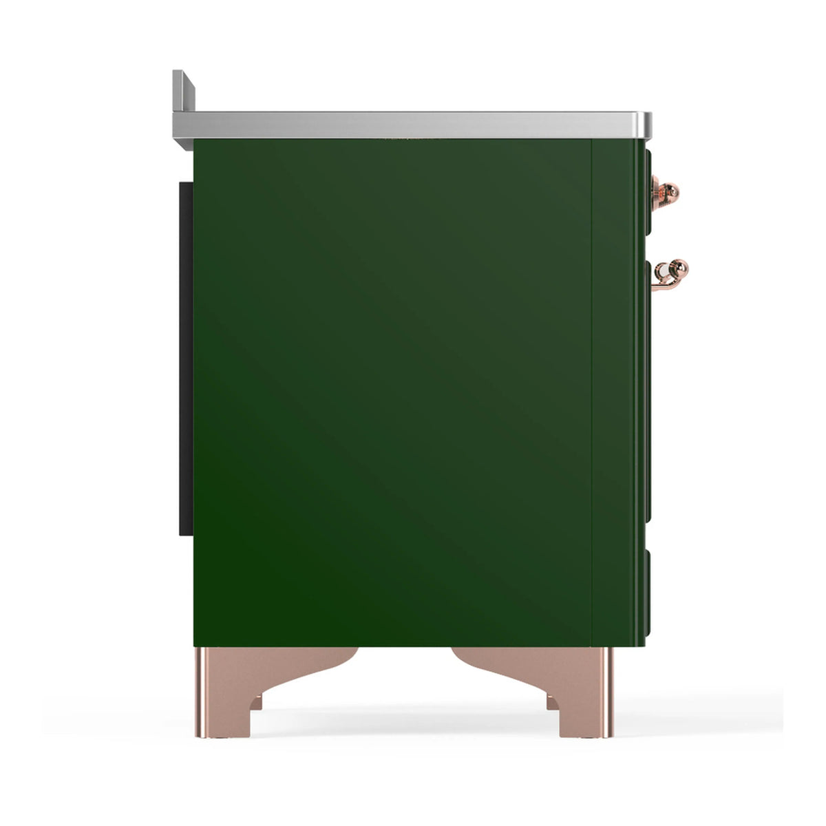 Emerald green induction range side panel with copper handle and stainless trim