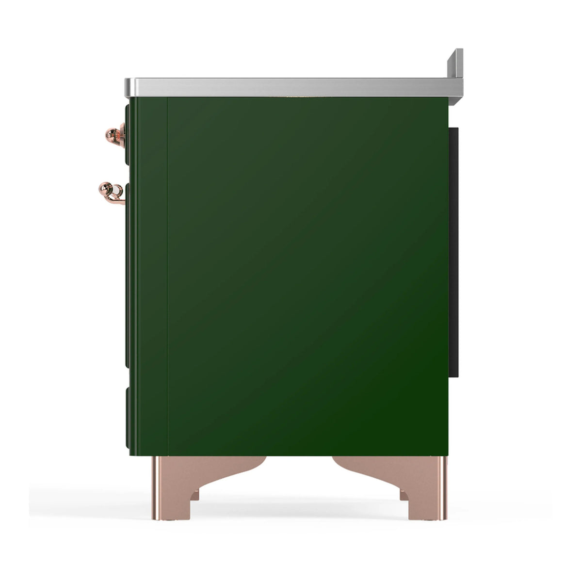 Emerald green induction range opposite side view with copper handle and stainless trim