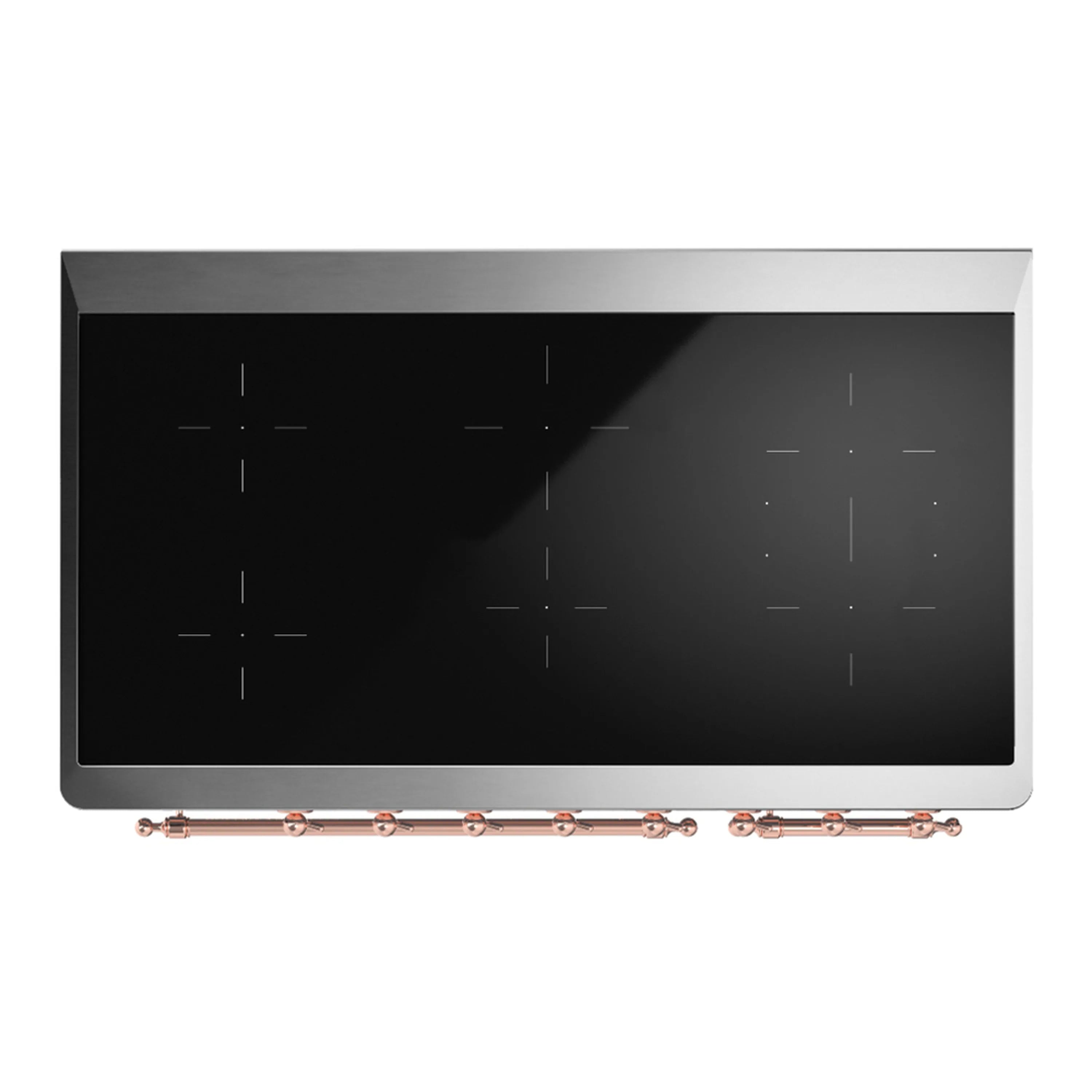 Induction range cooktop with black glass surface and copper-trimmed control area