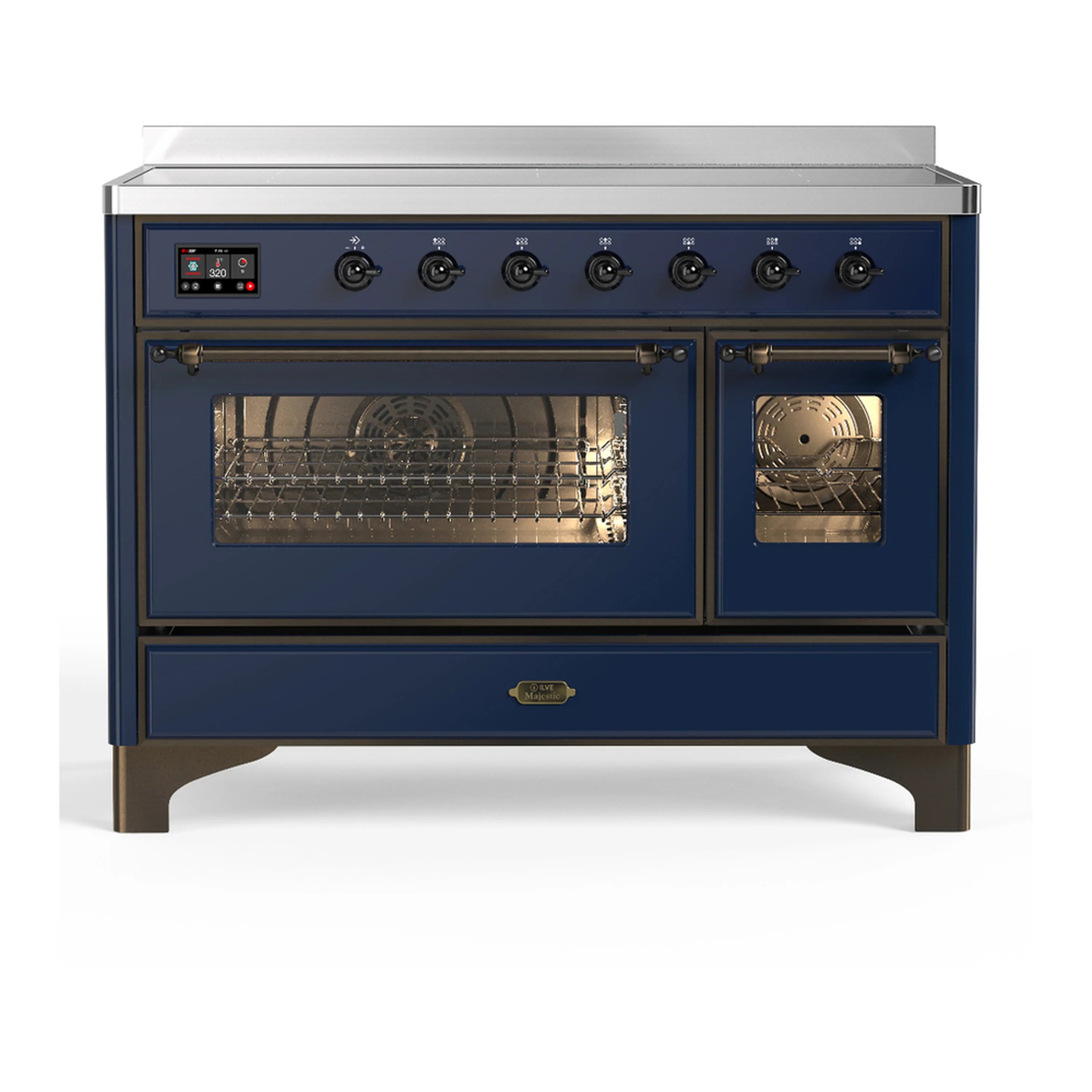 Midnight blue induction range with double oven doors and six induction element controls