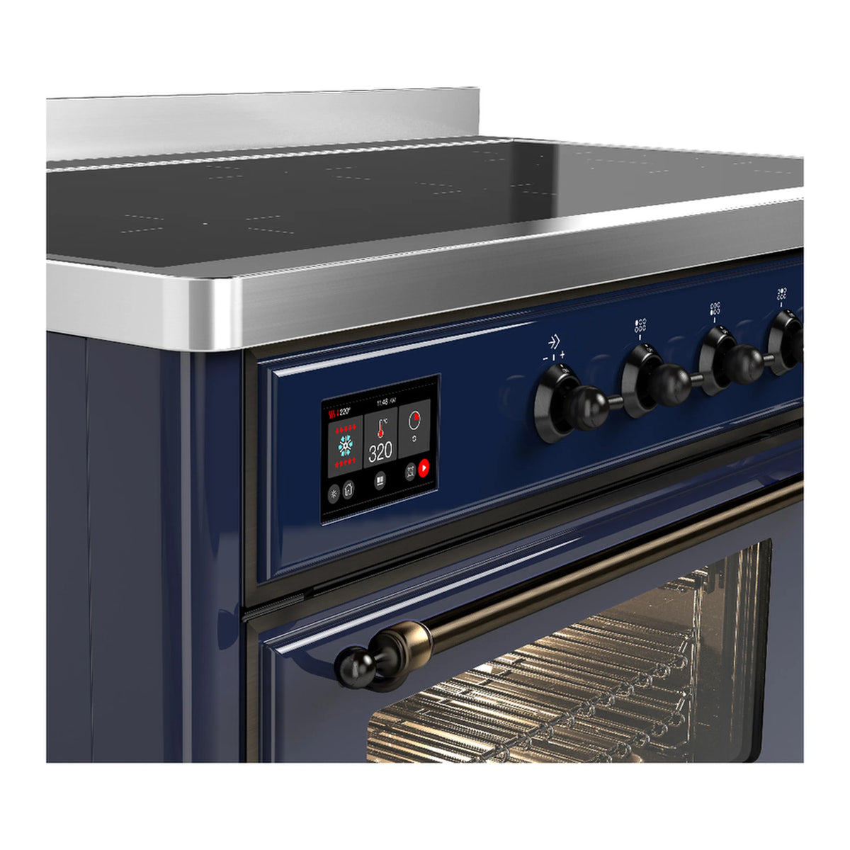 Induction range control panel with blue face, knobs, and digital display beside oven door