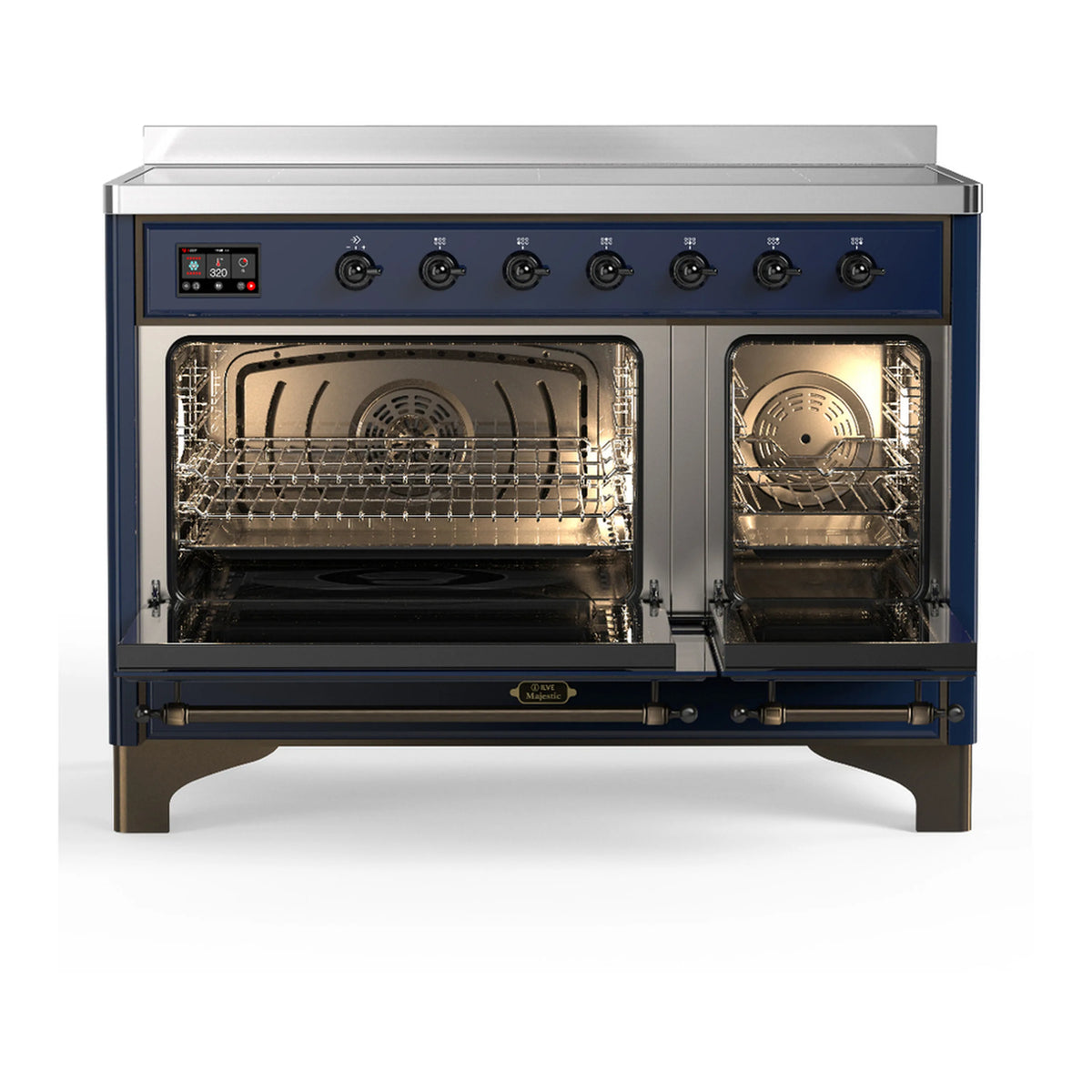 Midnight blue induction range with both oven doors open, showing racks and interior lights