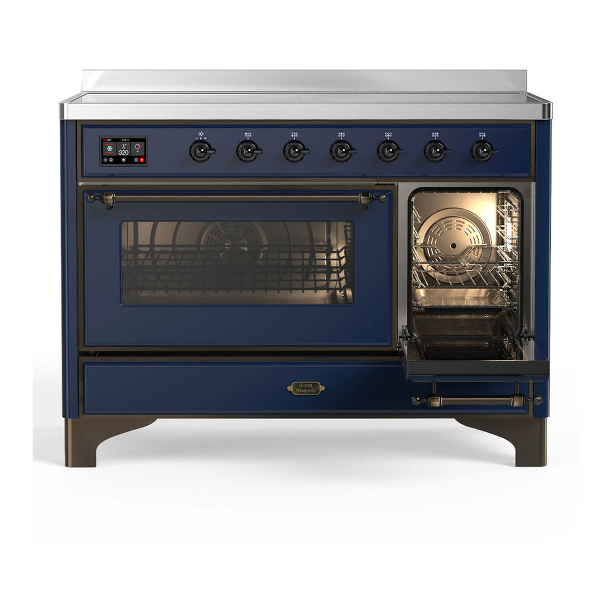 Midnight blue induction range with large oven door open and right door closed, interior lit