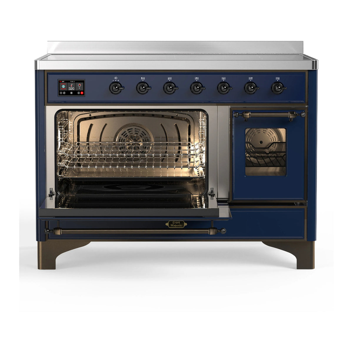 Induction range with open left oven door and right door open, racks visible in both