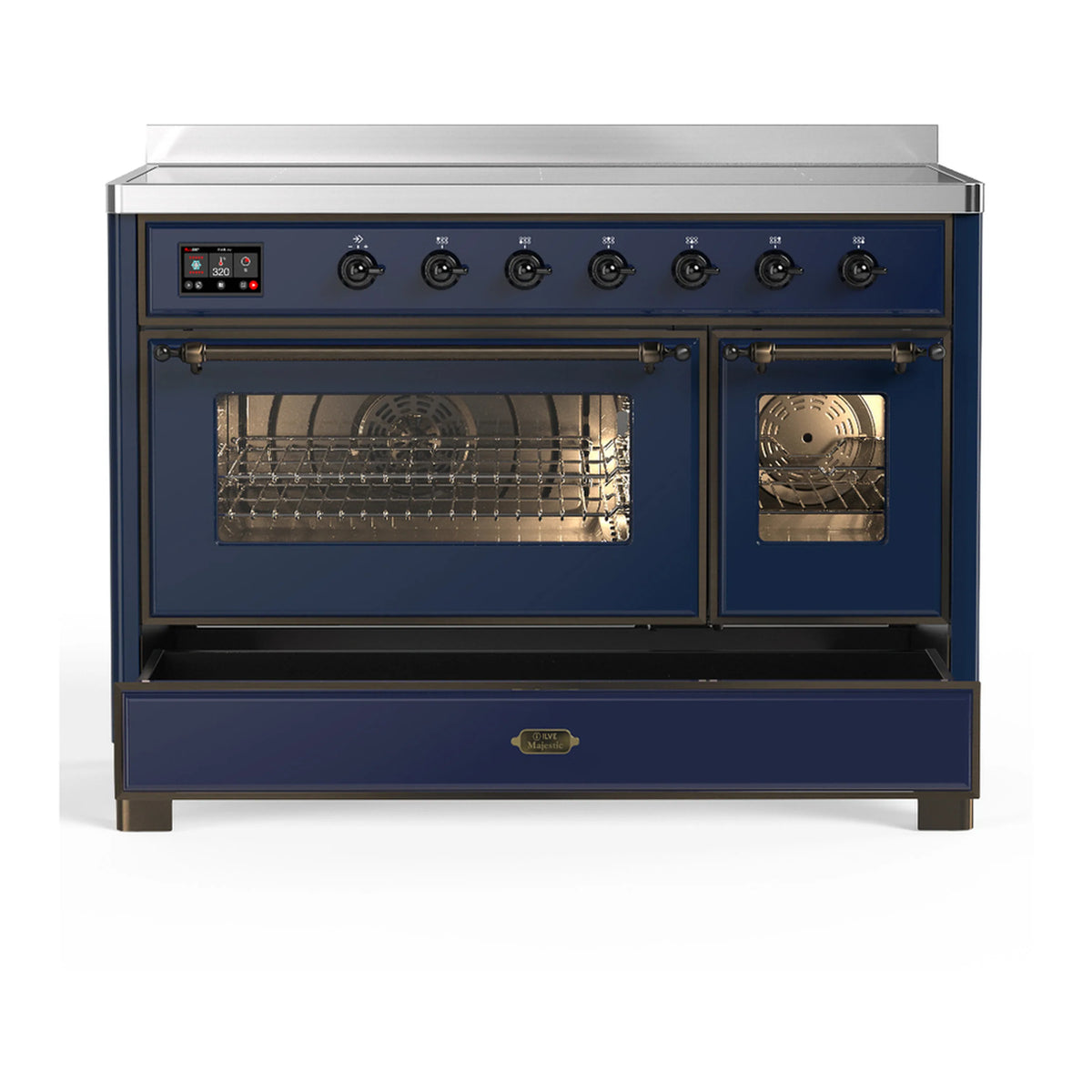 Midnight blue induction range with double oven doors open, glass lit interior and racks