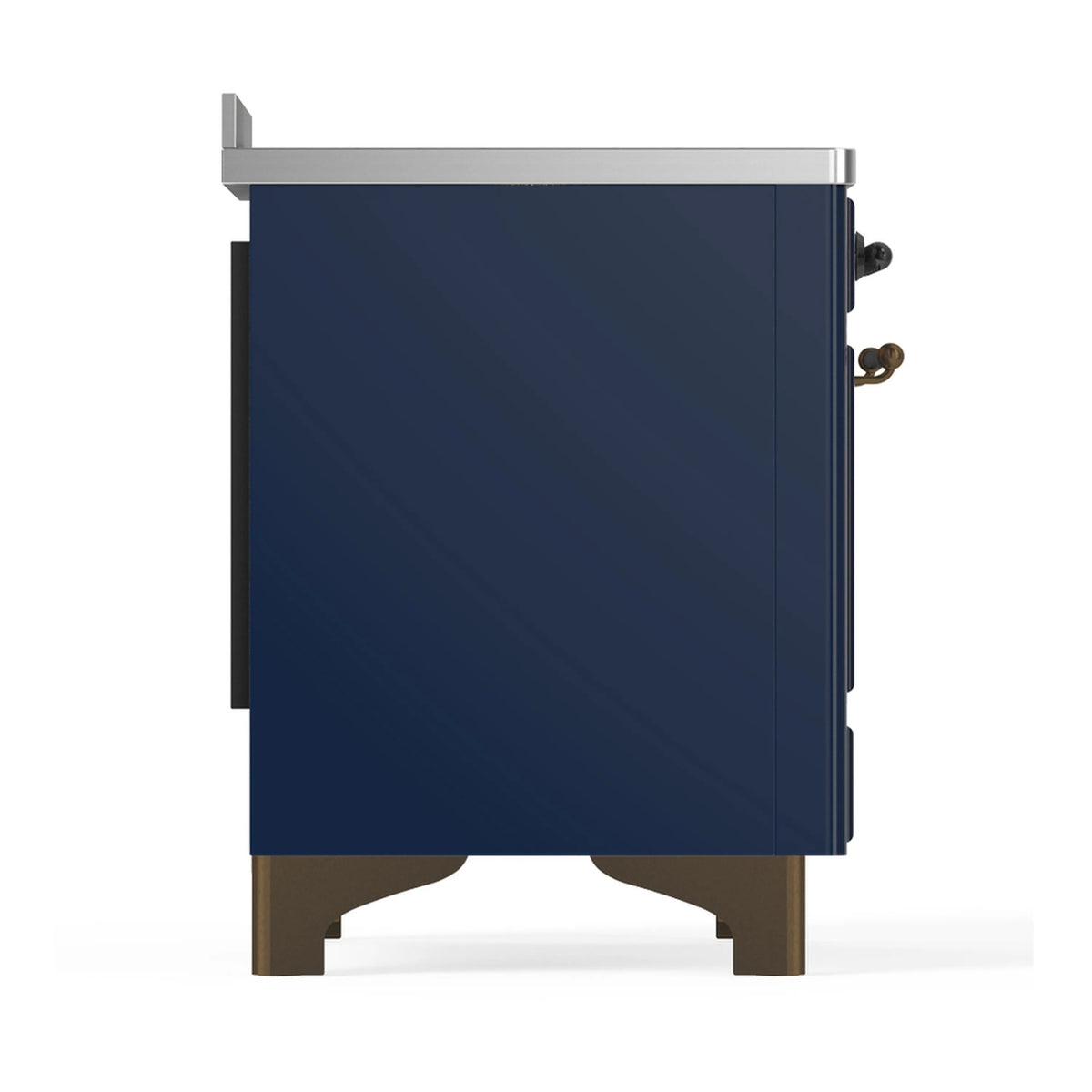 Side view of midnight blue induction range with stainless top and bronze-toned feet