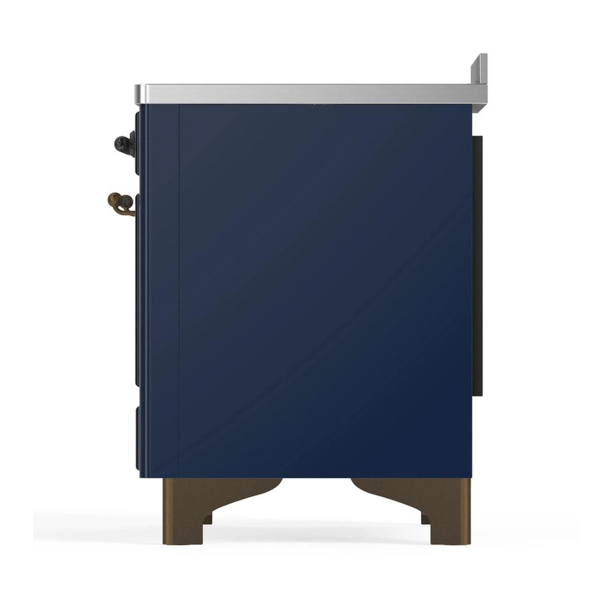 Rear side view of midnight blue induction range with stainless top edge and side handles