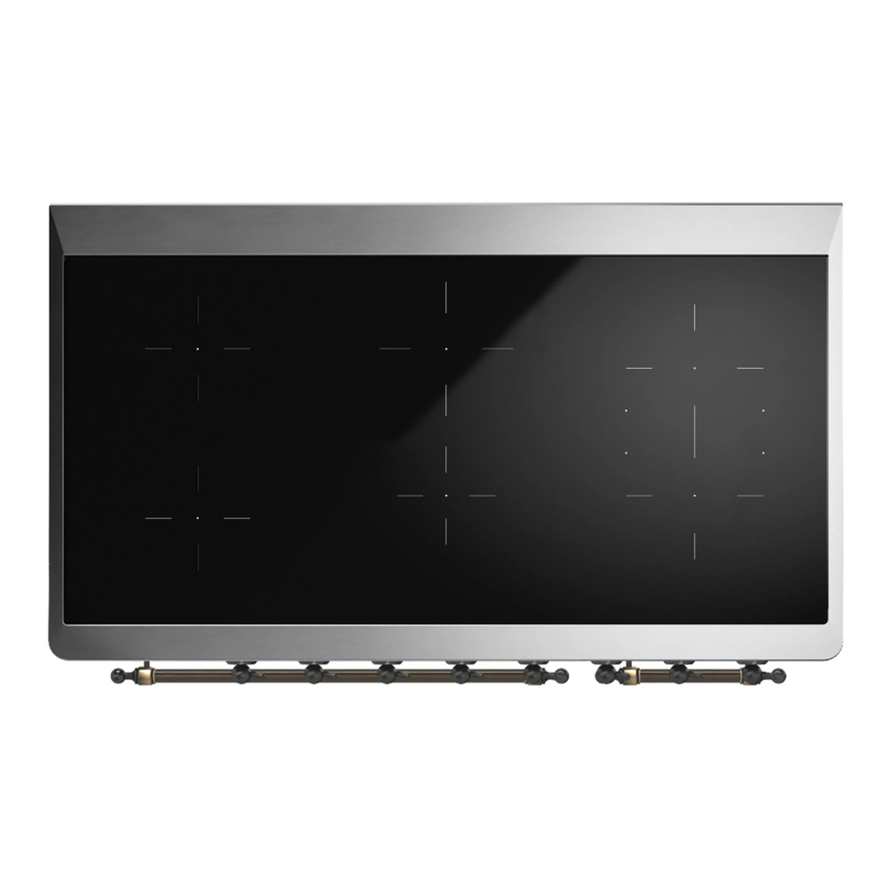 Induction cooktop with black glass surface and front knob row on stainless trim