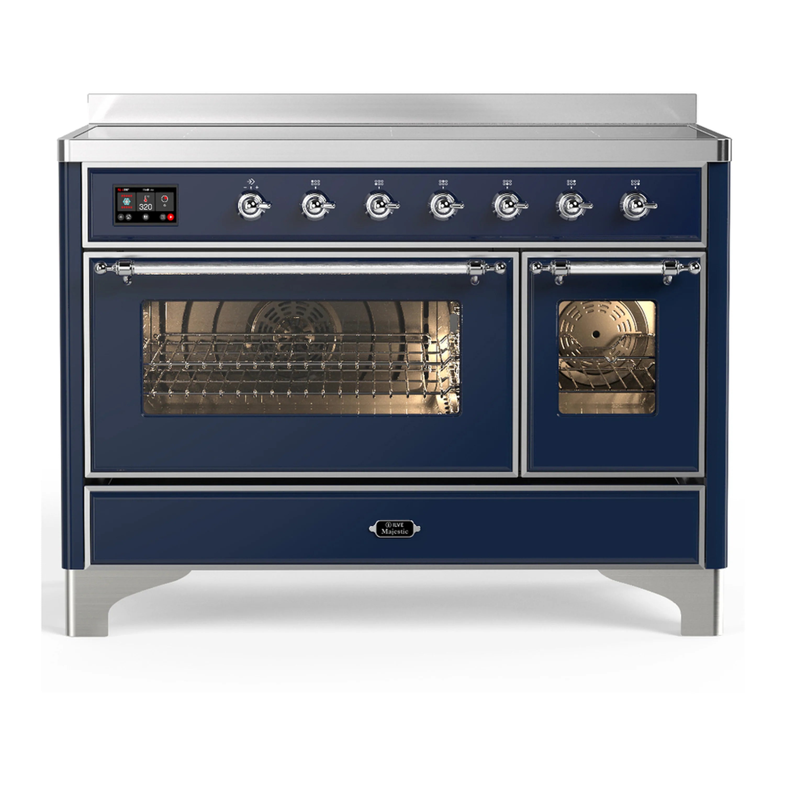 Midnight blue induction range with chrome trim, double oven doors and glass windows