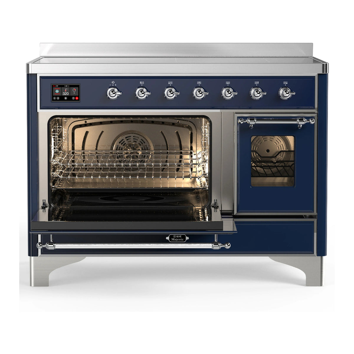 Midnight blue induction range with chrome trim, left oven open with baking racks