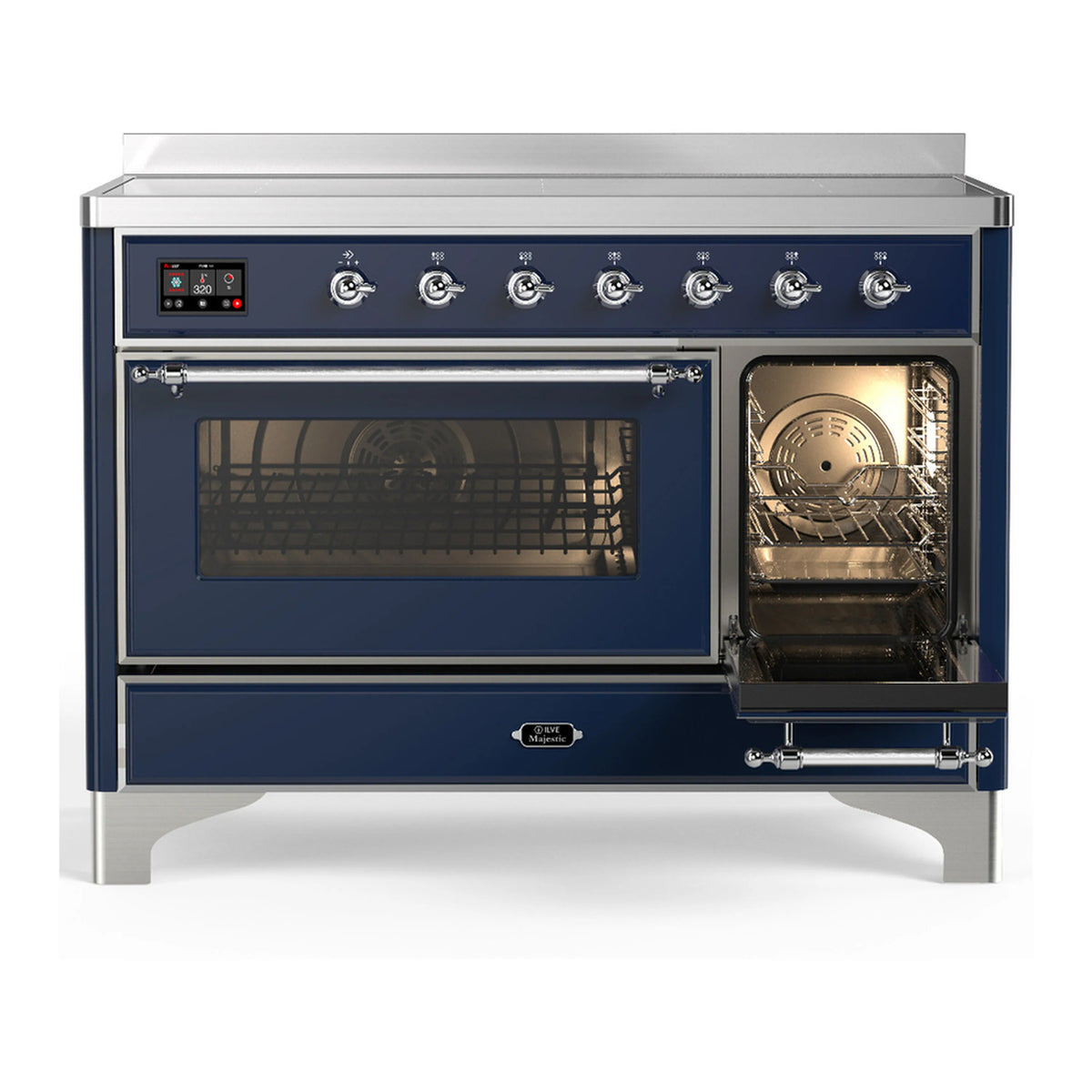Midnight blue induction range with chrome trim, left oven closed and right oven open