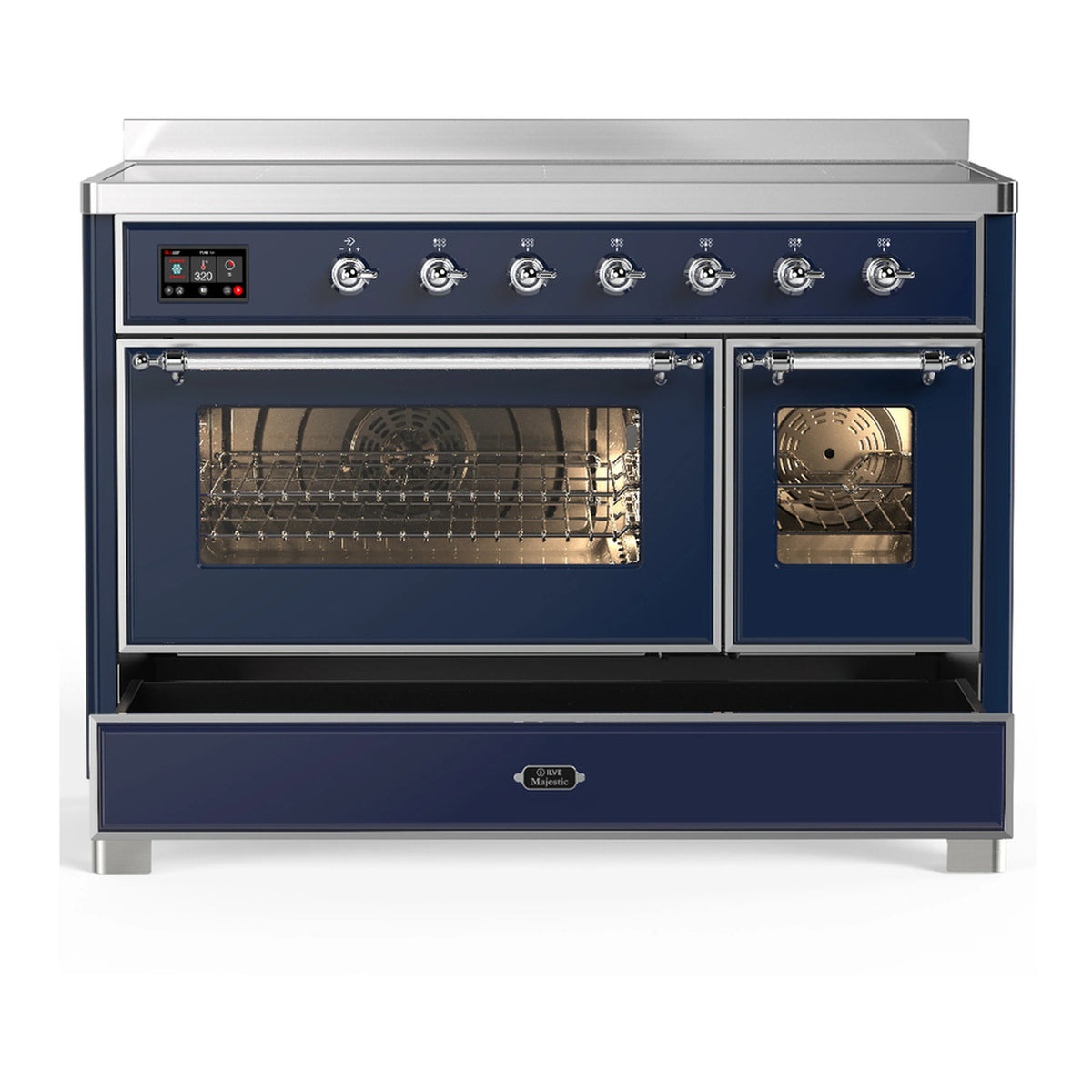 Midnight blue induction range with chrome trim, double oven doors and control panel