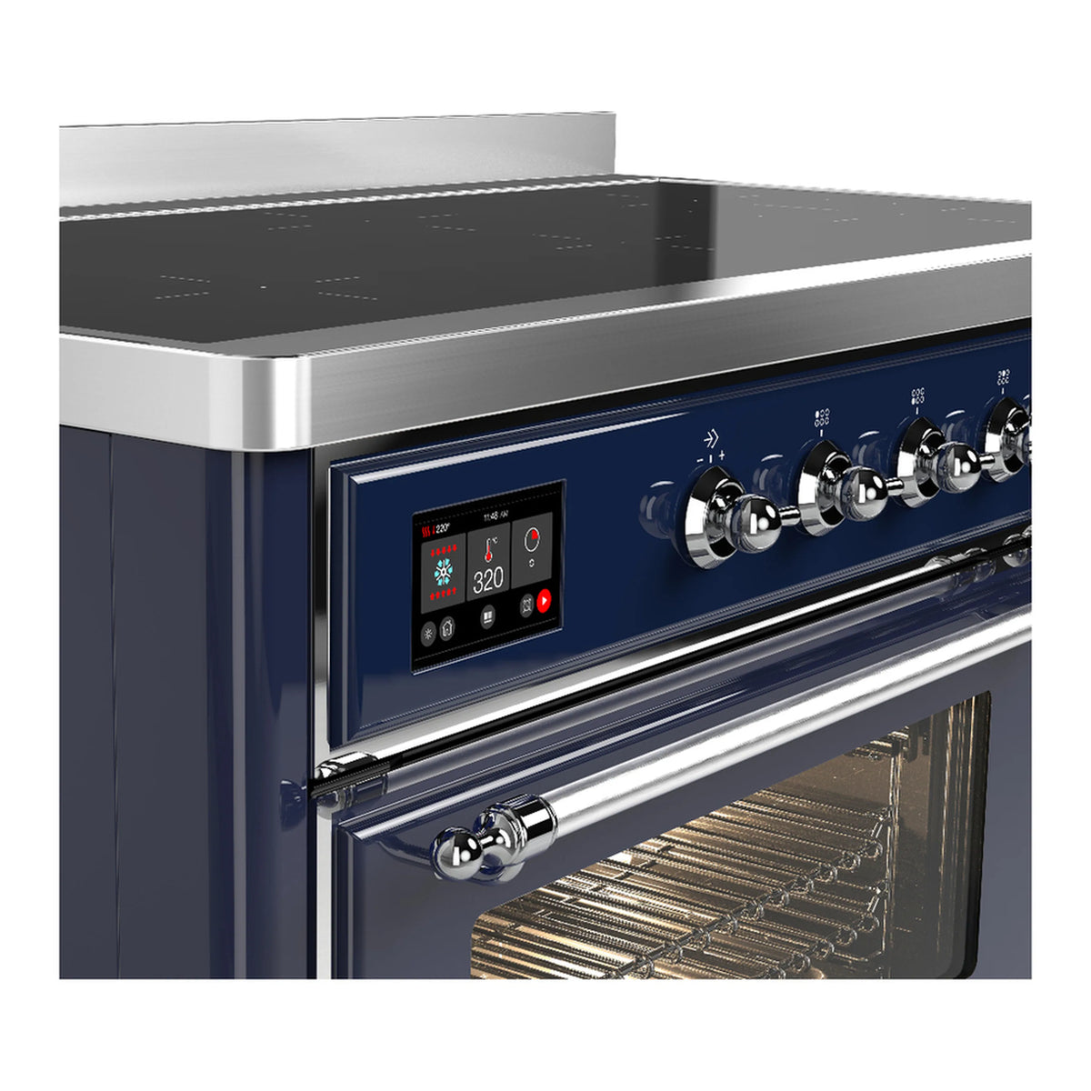Midnight blue induction range with chrome control knobs and open oven rack