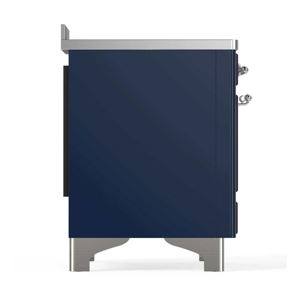 Midnight blue induction range side panel with chrome trim and side handle