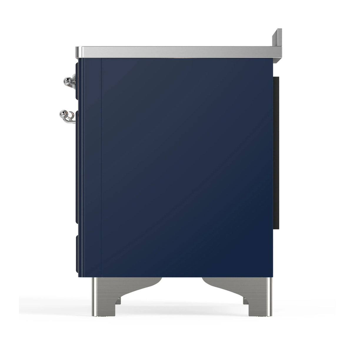 Midnight blue induction range side panel with chrome trim and mounting fittings