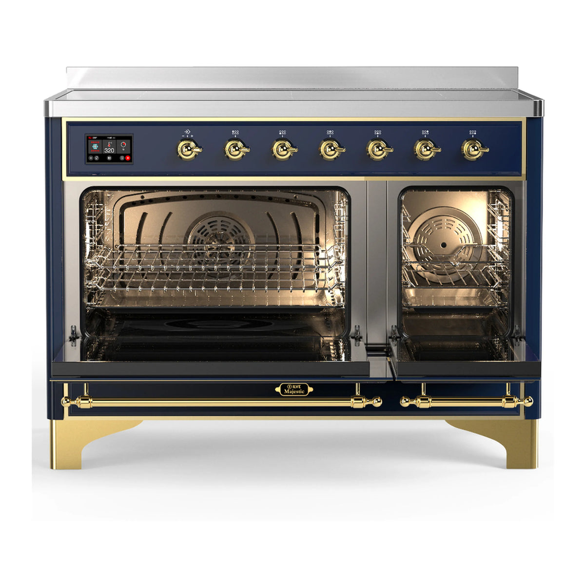 Induction range oven with navy blue doors open, racks inside, brass handles and knobs