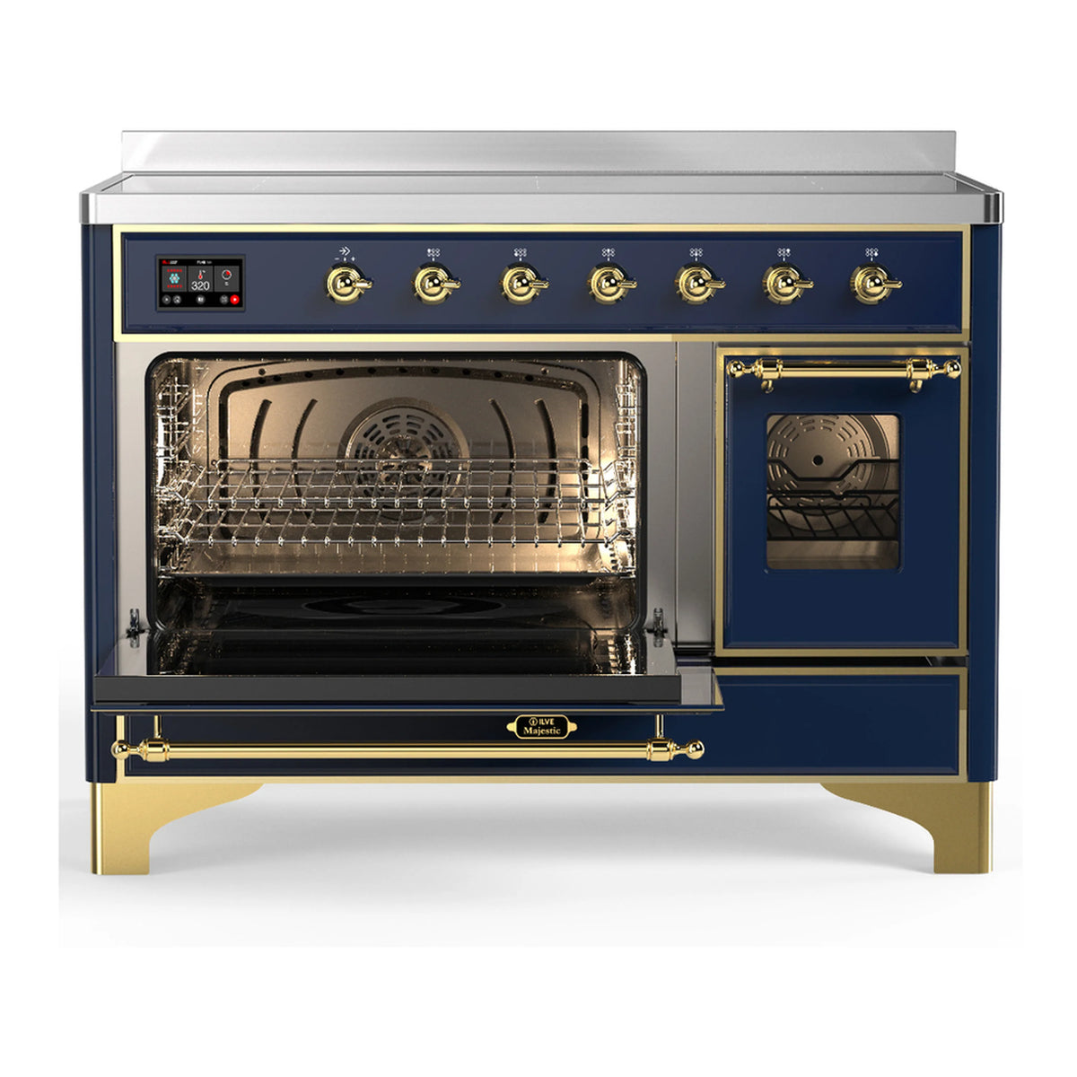 Induction range oven with navy blue door open, baking racks inside, brass trim and knobs