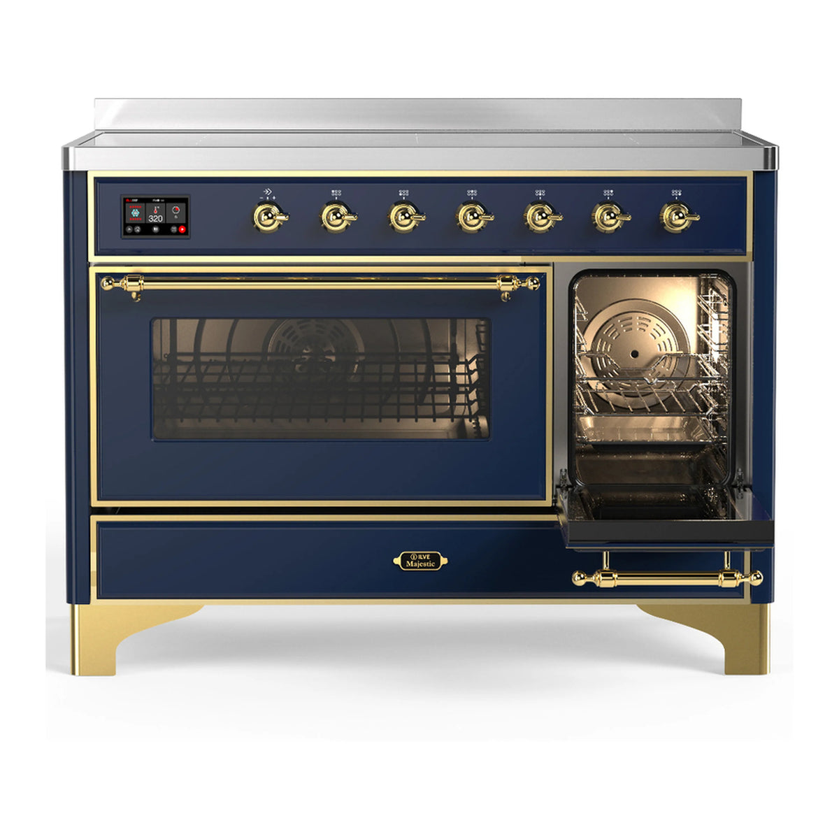 Induction range with navy blue oven doors and window, brass trim, and control panel knobs