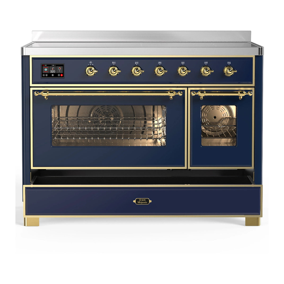 Induction range with navy blue front, brass trim, two doors with window panels, and controls