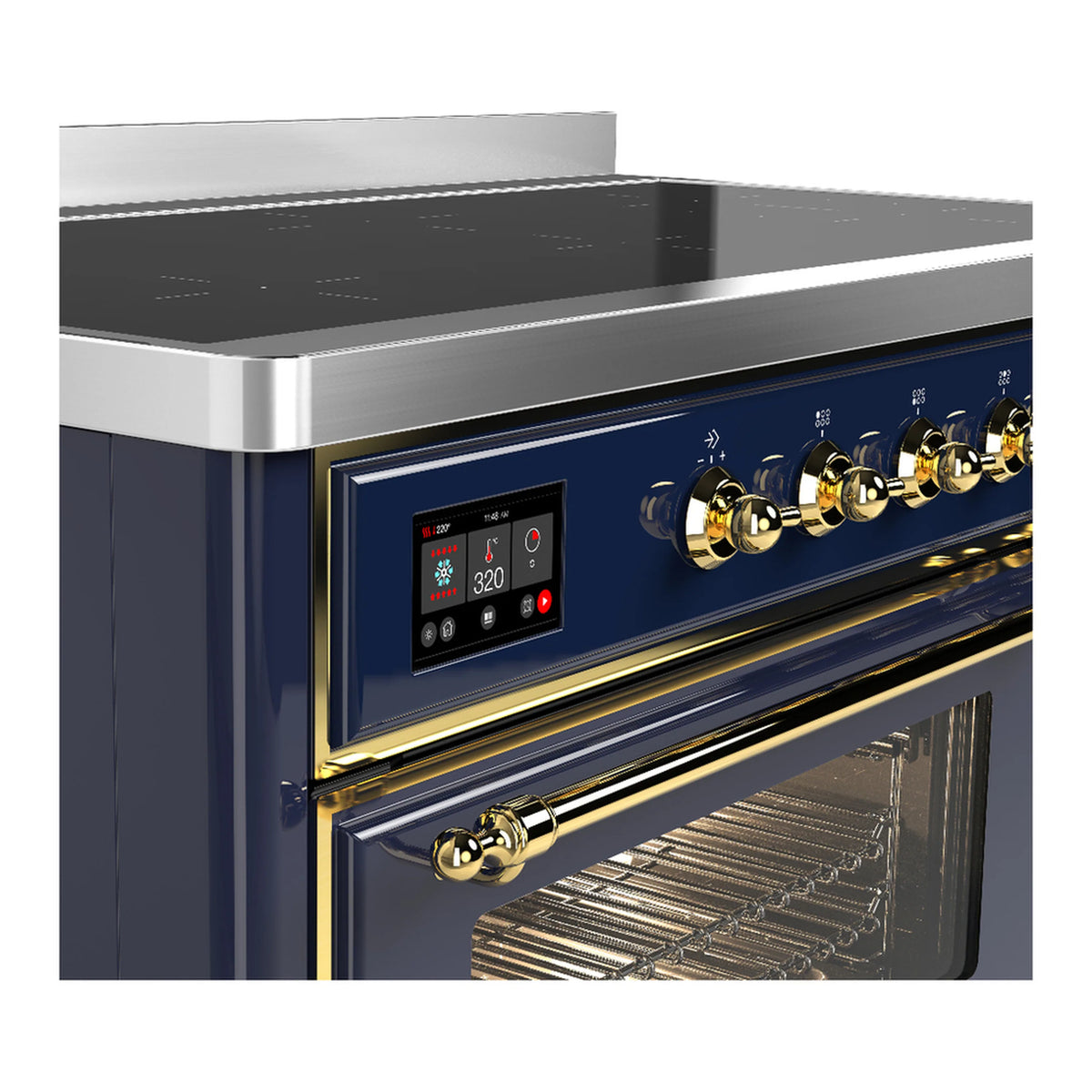 Induction range side view with navy blue panel, gold control knobs, and open oven racks