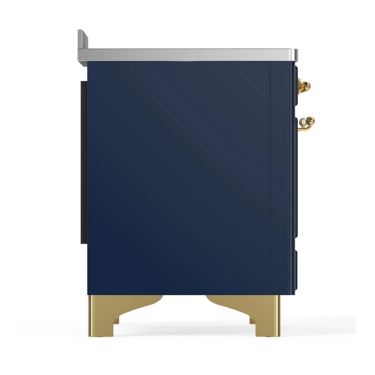 Induction range side panel in navy blue with brass trim legs